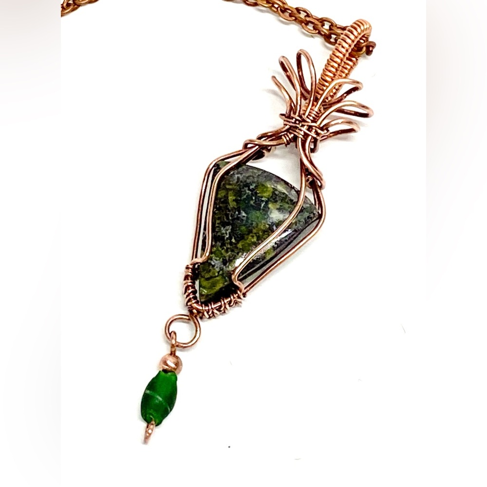 HANDMADE Epidote Hand Wrapped Copper Statement Necklace, Artisan Jewelry Gift